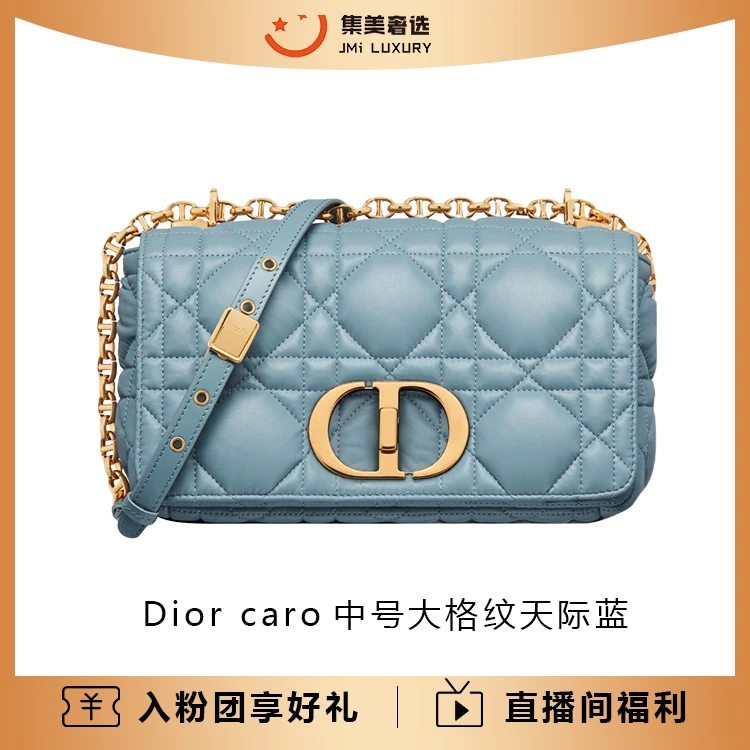 99新 DIOR/迪奥 Dior caro中号大格纹天际蓝时尚包/34000/AM4297