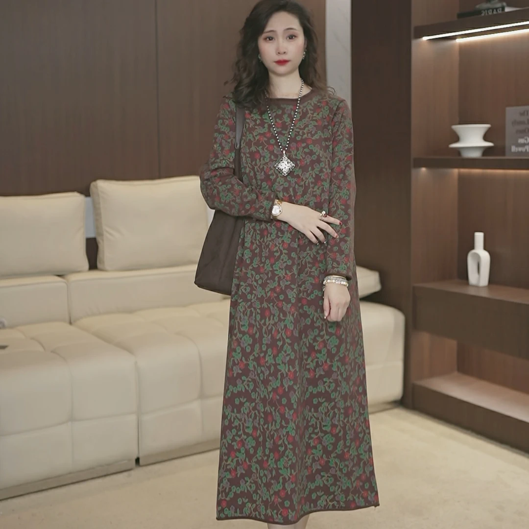 洋气减龄圆领长袖连衣裙遮肚子显瘦中长款过膝针织a字打底裙3461