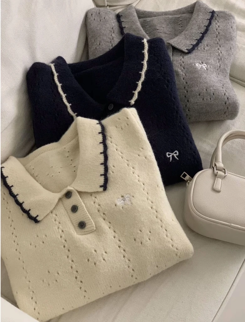 【大码减龄翻领】镂空提花蝴蝶结刺绣毛针织开衫#2536