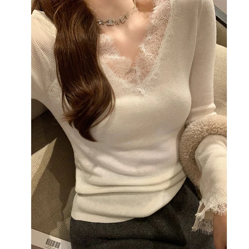 【mimius】七七 羊毛软糯纯欲睫毛蕾丝V领长袖针织衫 WG10096