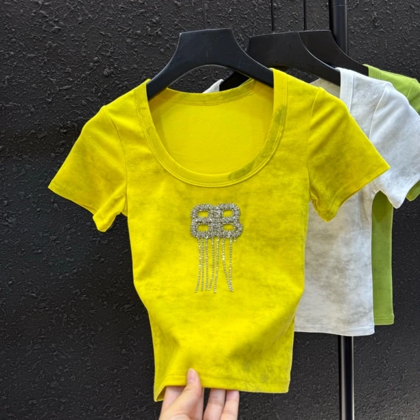 美式烫钻字母短袖T恤女夏季新款设计感小众U领修身打底衫上衣230#