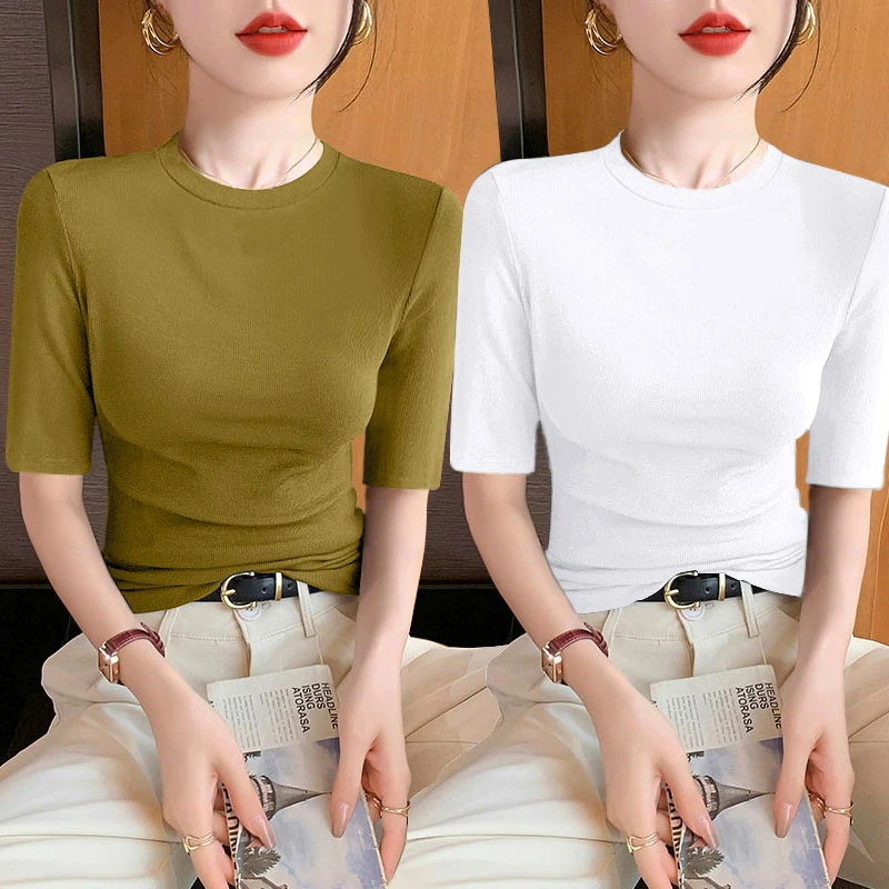 单/两件打底衫女士春夏薄款半袖t恤洋气修身圆领妈妈清凉短袖上衣
