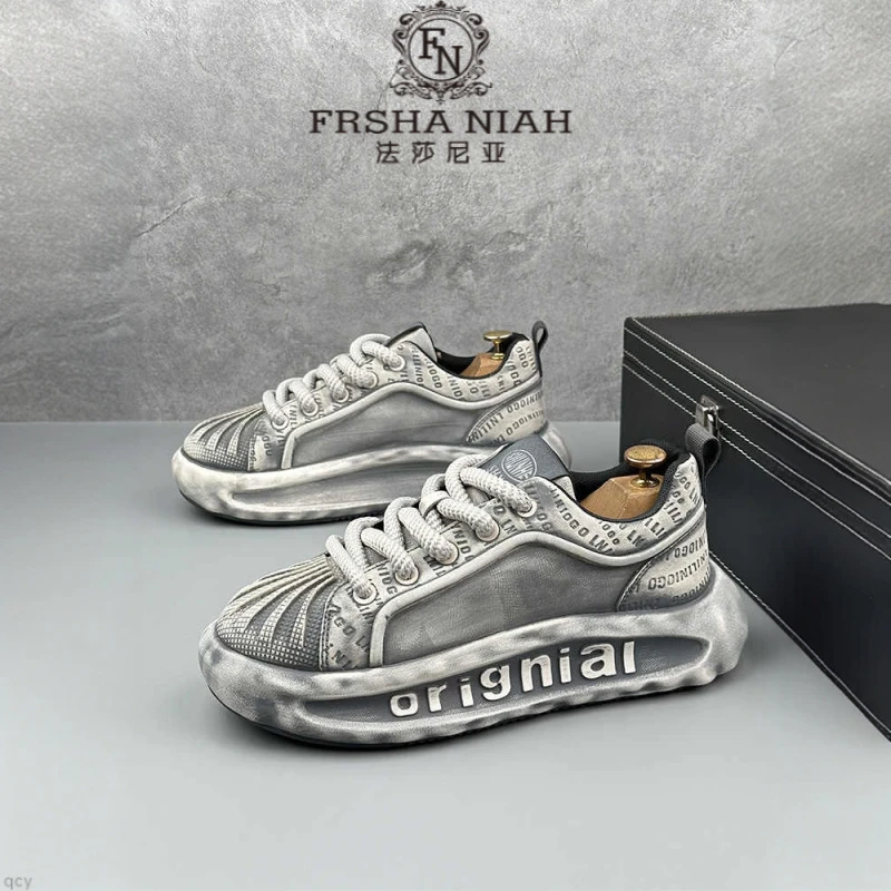 法莎尼亚男士款休闲鞋秋季新款做旧擦色小众贝壳头厚底时尚运动鞋