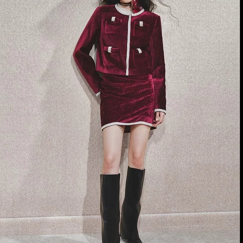 兮兮定制宫廷复古风红宝石系列丝绒钻条上衣半裙