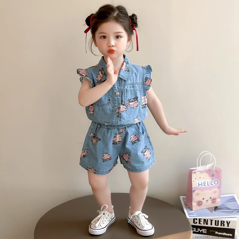 女童哪吒牛仔短裤套装2025春装新款洋气红孩儿童夏季两件套女宝宝