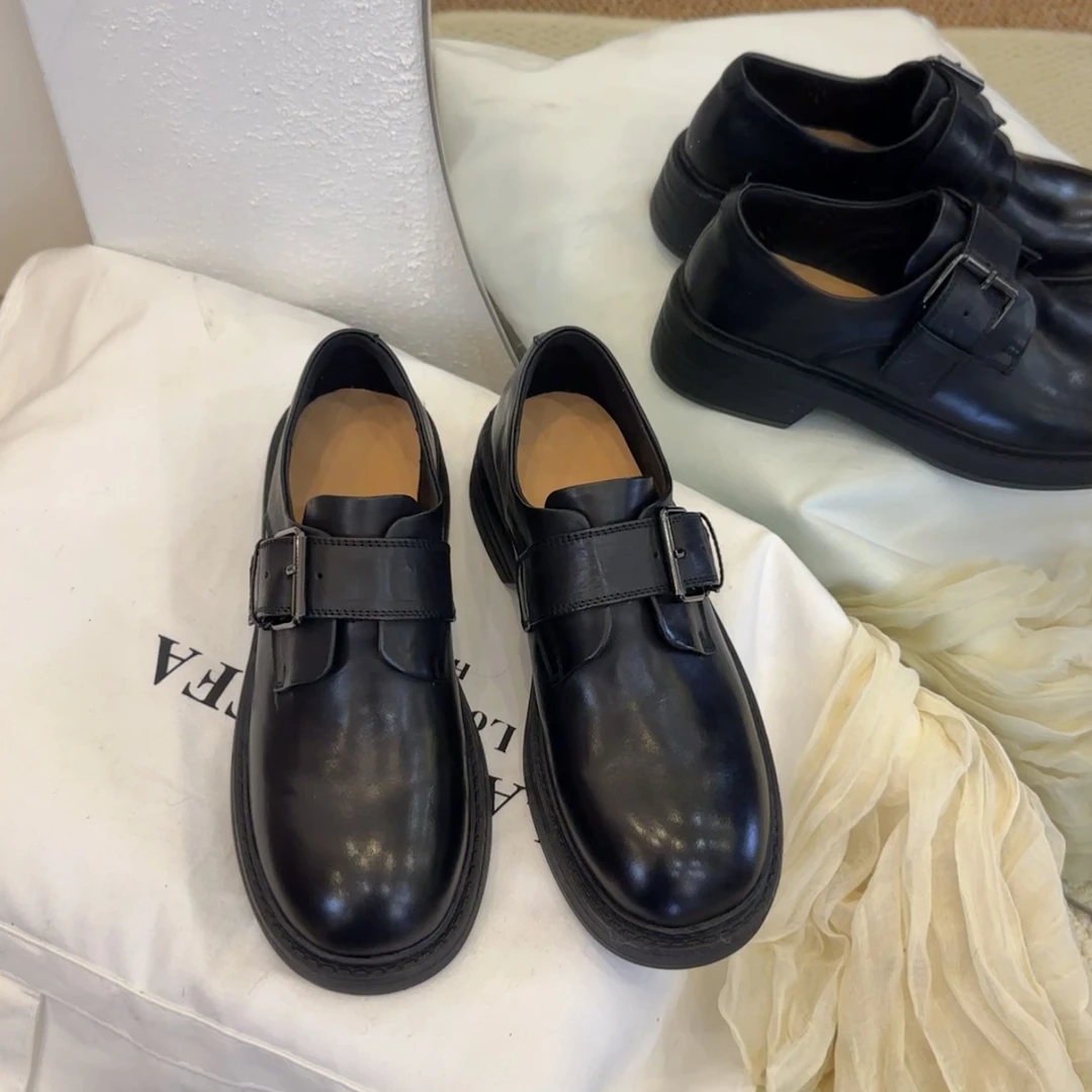 【王二今】牛皮/4CM/厚底增高英伦风皮带扣休闲乐福小皮孟克单鞋女