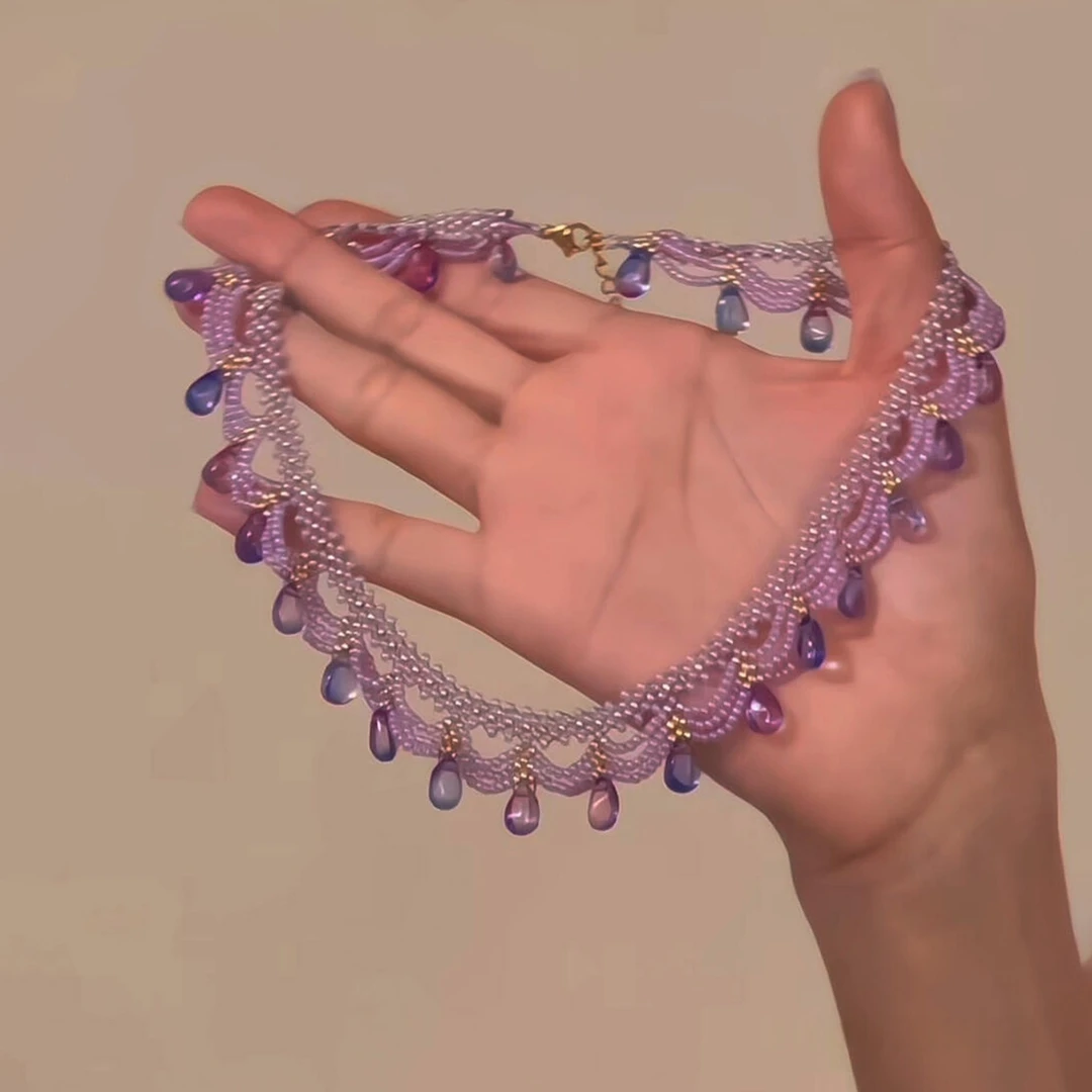 非金属仿水晶项链 法式紫色水滴蕾丝项链轻奢气质高级感锁骨链女