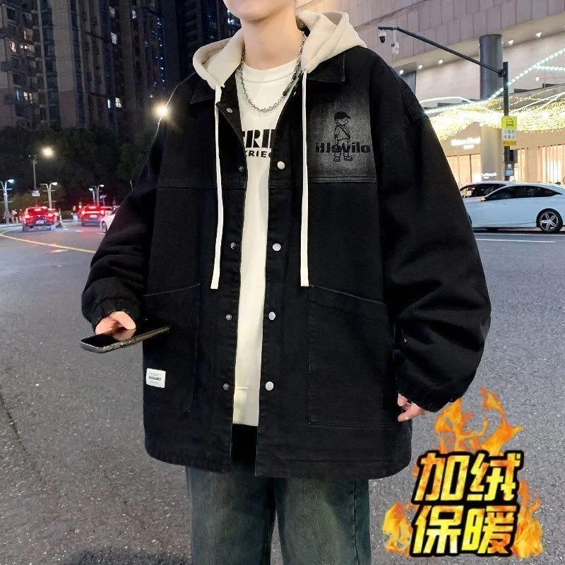 青少年学生休闲加绒牛仔夹克外套男冬装加厚舒适潮流时尚百搭外套