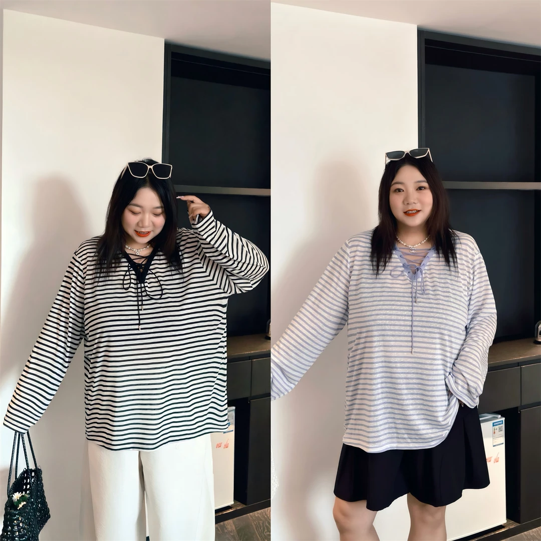 断码捡漏H雪国零时 / 莱塞尔清爽条纹V领t恤衫15076花契大码200斤