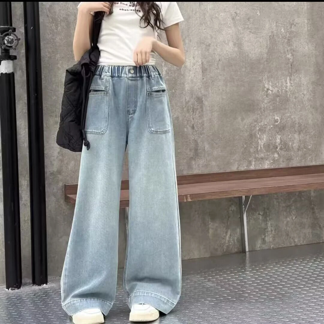女童裤子春秋新款2025牛仔直筒裤女孩中大童百搭洋气宽松阔腿长裤