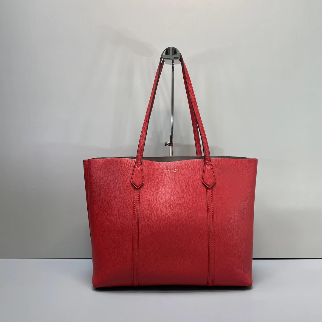 90新 TORY BURCH/汤丽柏琦 红色荔枝纹大号托特包 33*26*12cm