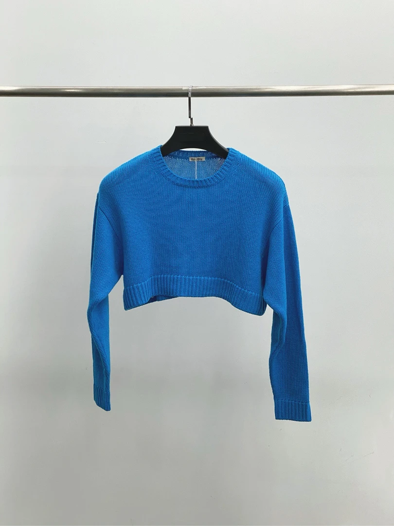 99新 MIU MIU/缪缪 sm12047383 蓝色短款针织衫100%山羊绒 36码