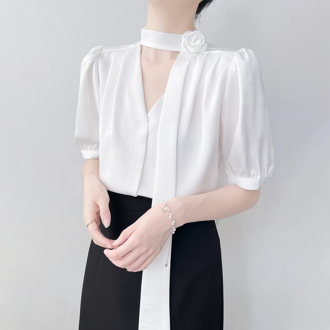 Q291飘带肌理感缎面白色衬衫女2025夏季新款百搭短袖衬衣宽松显瘦