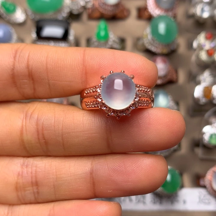 翡翠合金戒指翡翠高冰起光白冰戒面