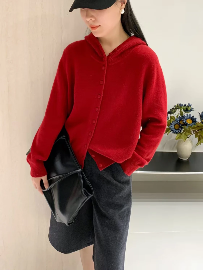 常规款针织秋季连帽厚款毛针织衫宽松上衣带帽针织衫