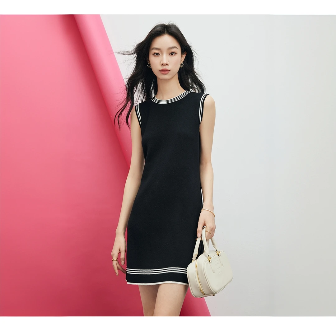 【岚岚专属】法曼萱撞色丝光羊毛无袖针织连衣裙2025年夏裙子