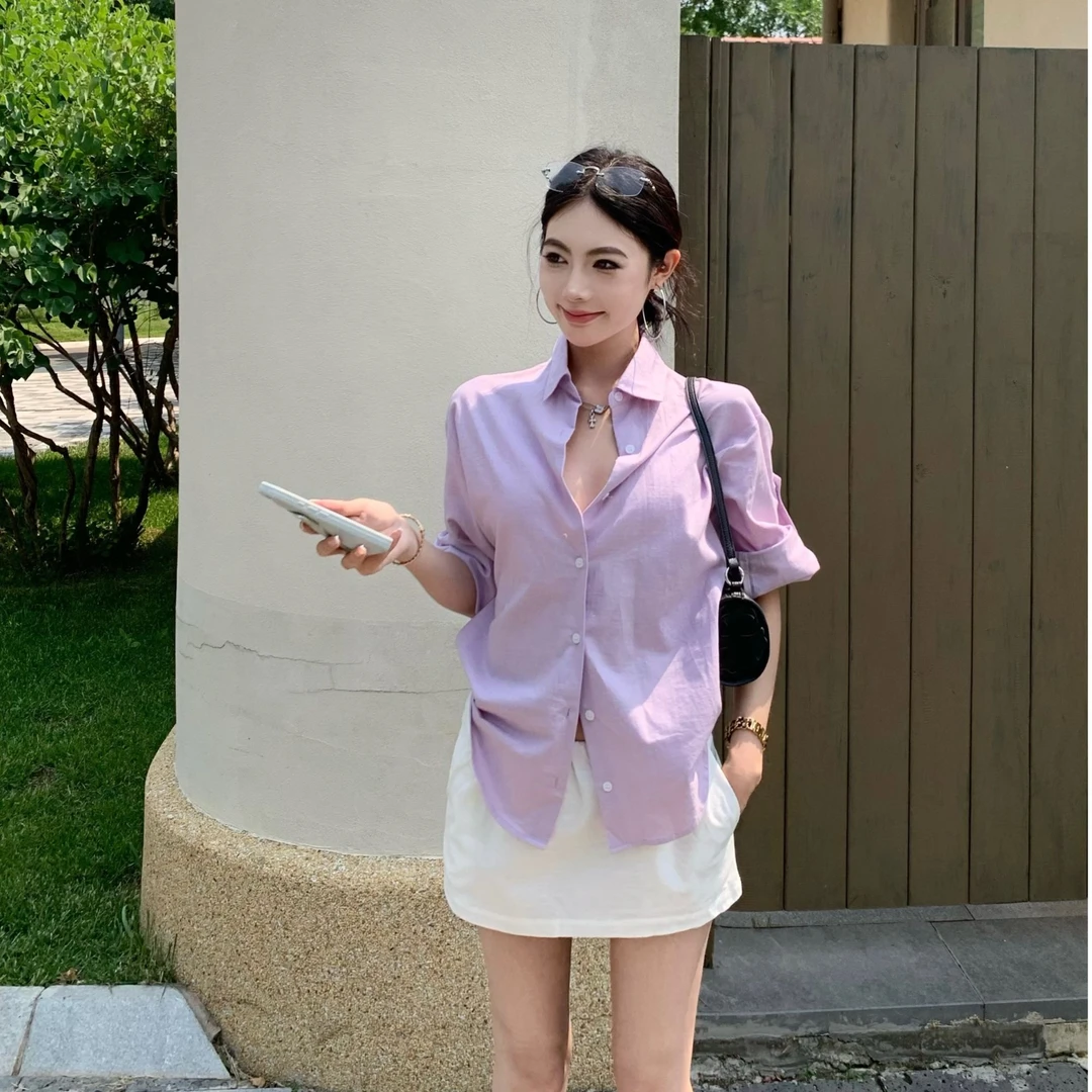 时尚套装复古短袖衬衣极简lulu风御姐防走光半身裙亚麻套装 1026#