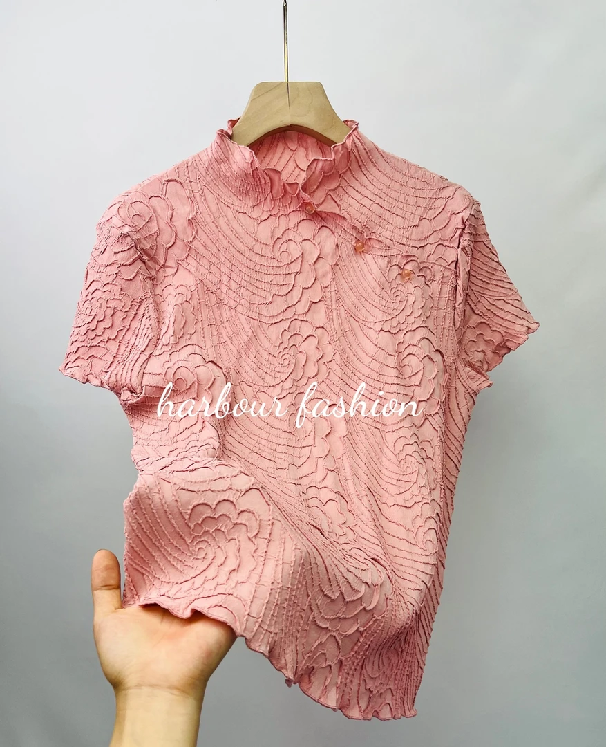 宅宅新款褶皱短袖常规纯色T恤压皱时尚花边压褶休闲宽松型