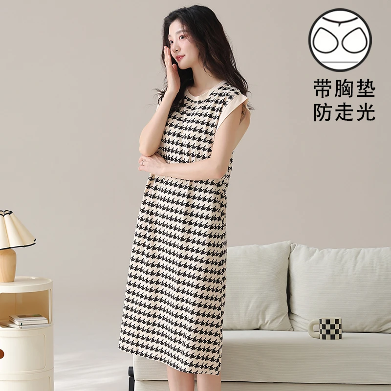 睡裙女带胸垫千鸟格休闲高档韩版可外穿女士家居裙连衣裙宽松夏季