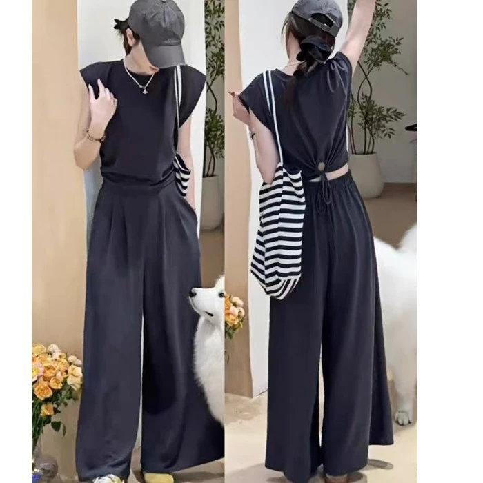 三姐妹2025夏季时尚套装飞飞袖露背系带T恤+阔腿裤两件套