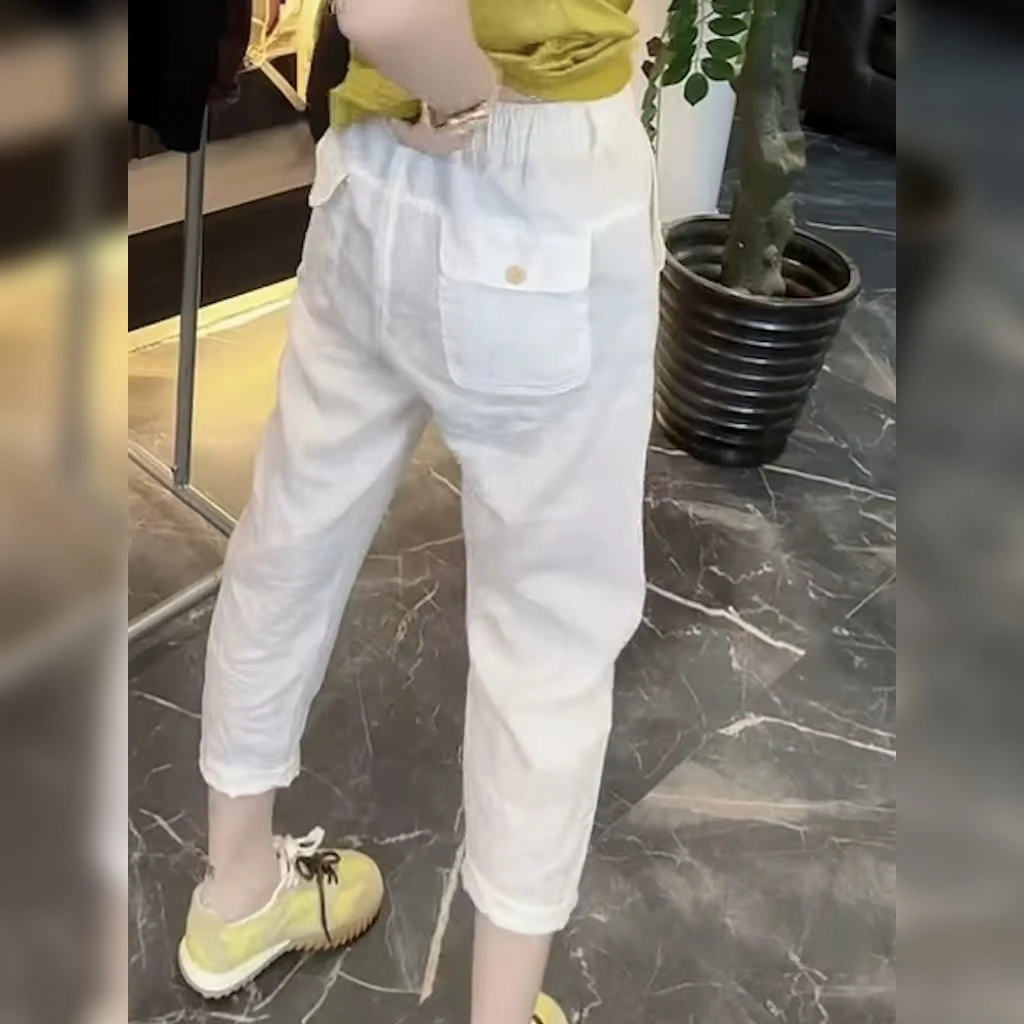 冰丝麻料哈伦裤女夏薄款高腰八分裤纯色休闲裤百搭韩版宽松萝卜裤