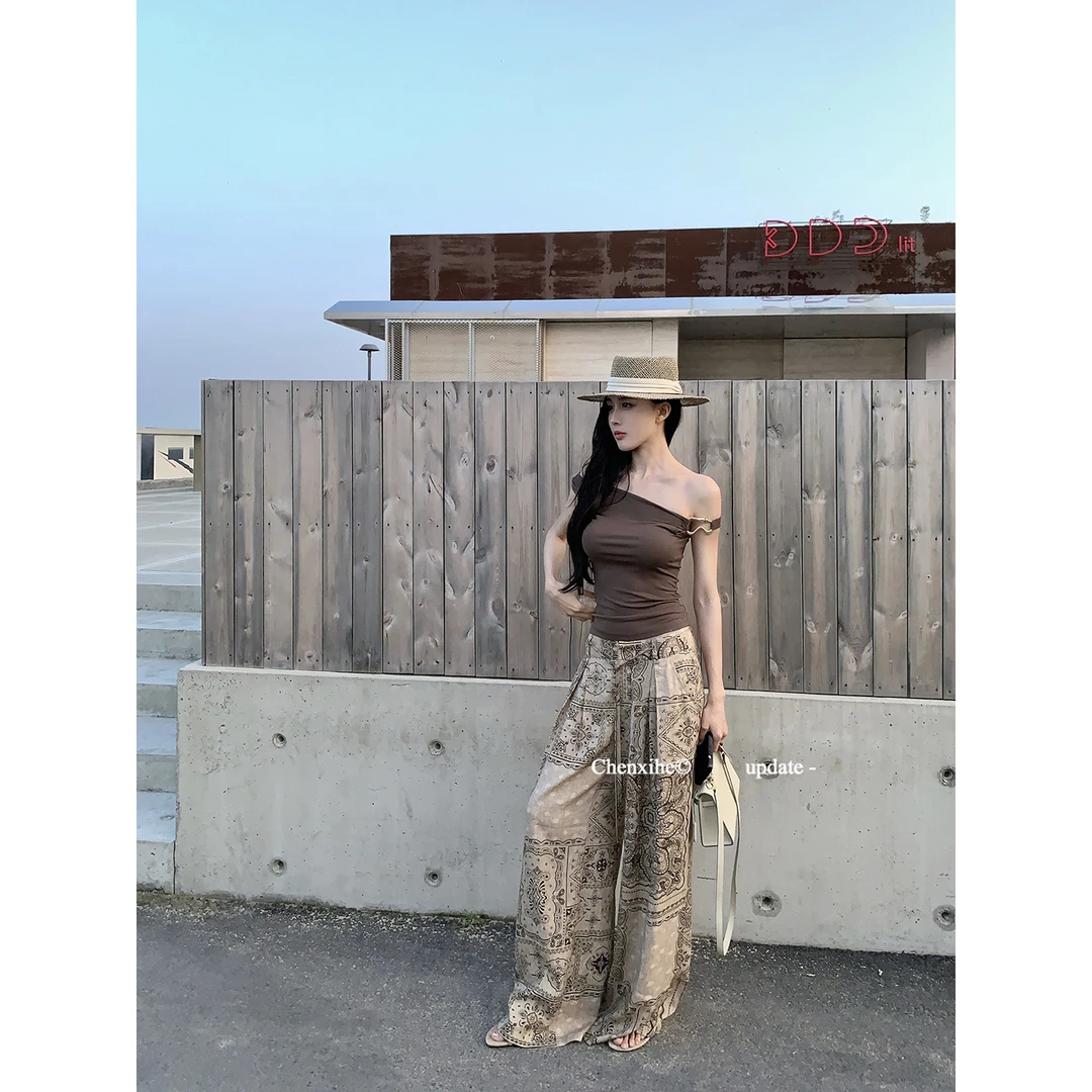 何晨曦 [波西米亚神裤]复古油画图案棉麻宽松高腰休闲裤  T1062K