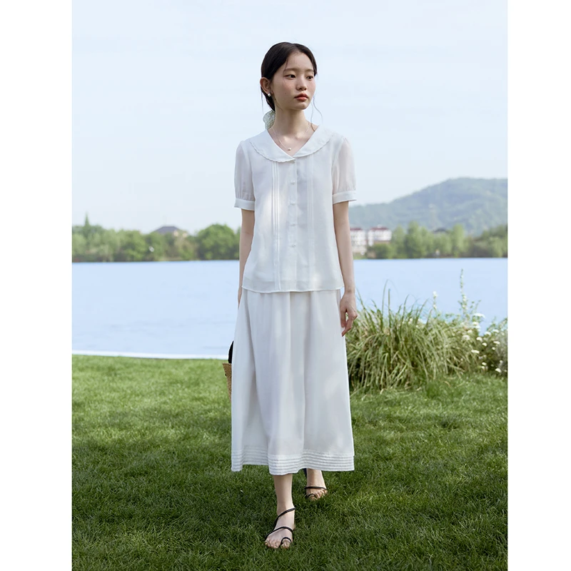 自巧小个子女装穿搭清冷感白色系衬衫半身裙法式两件套 24ZQ92295