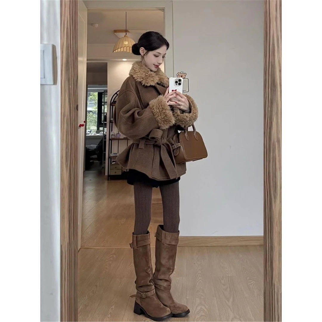 复古高级感超好看毛领加厚毛呢外套小众时尚气质收腰大衣2025秋季