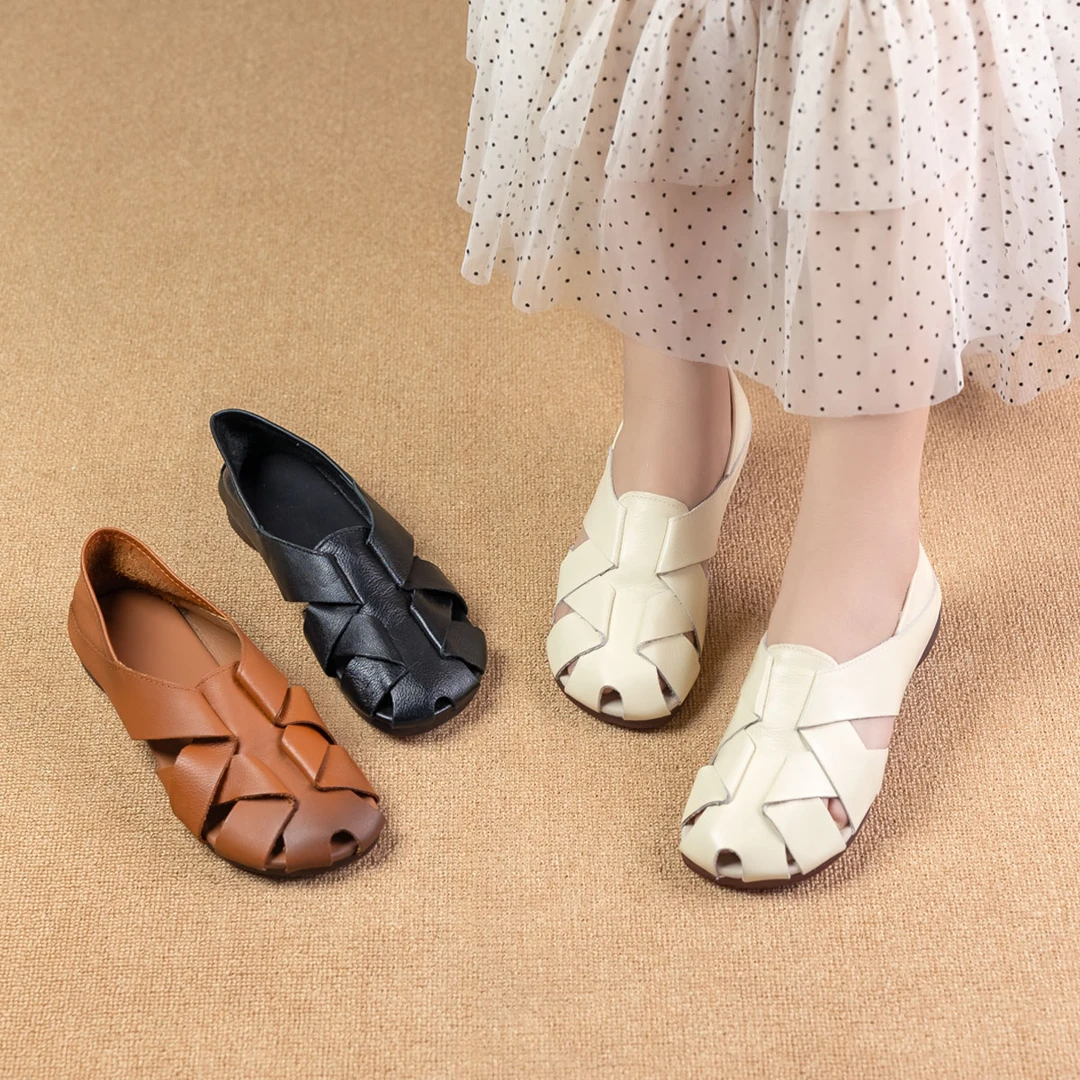 女鞋凉鞋休闲夏季镂空复古洞洞平底真皮百搭舒适时尚软底春夏8252