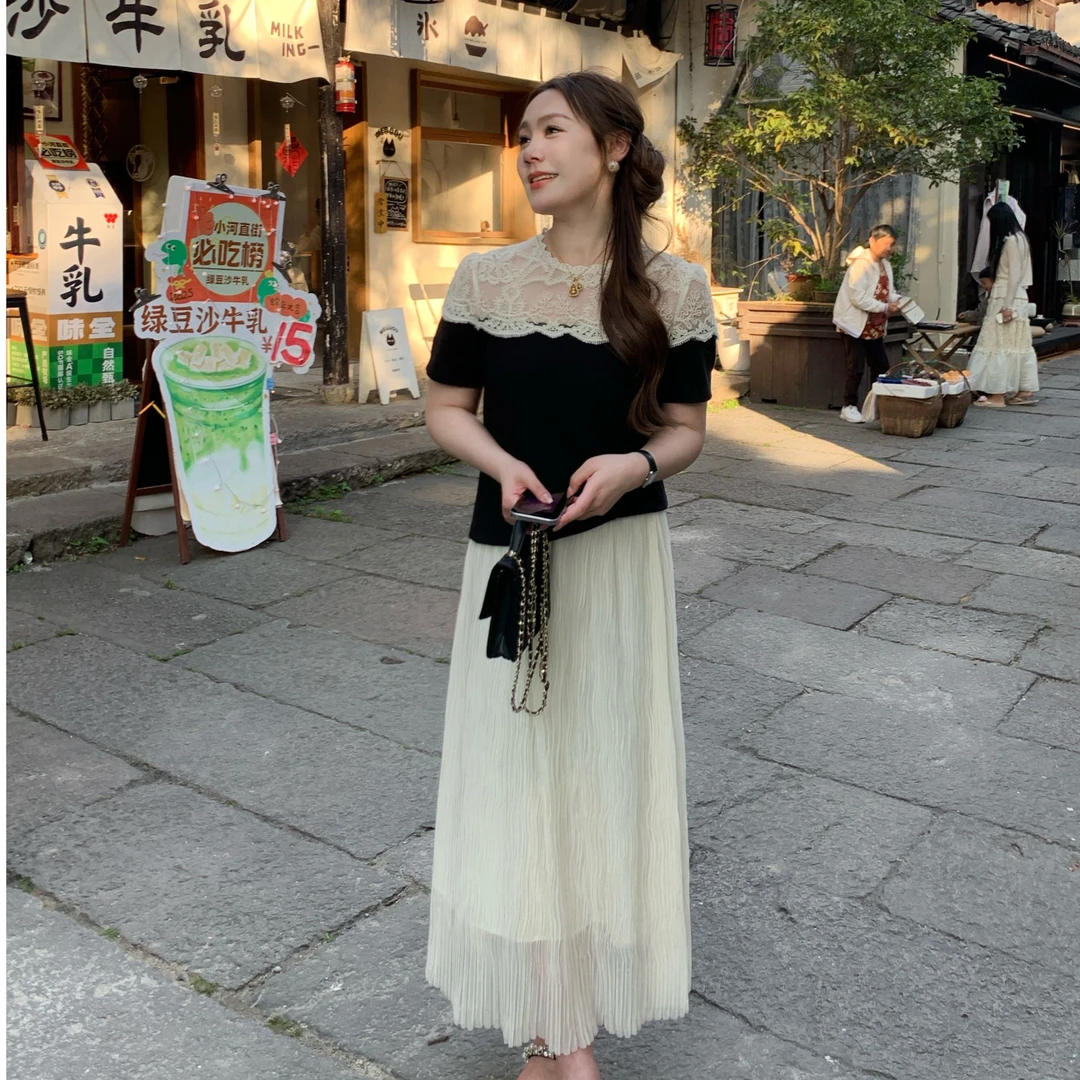 NANJIE/楠姐【繁花】夏季显瘦拼接静奢风时尚短袖半裙套装5NJ125