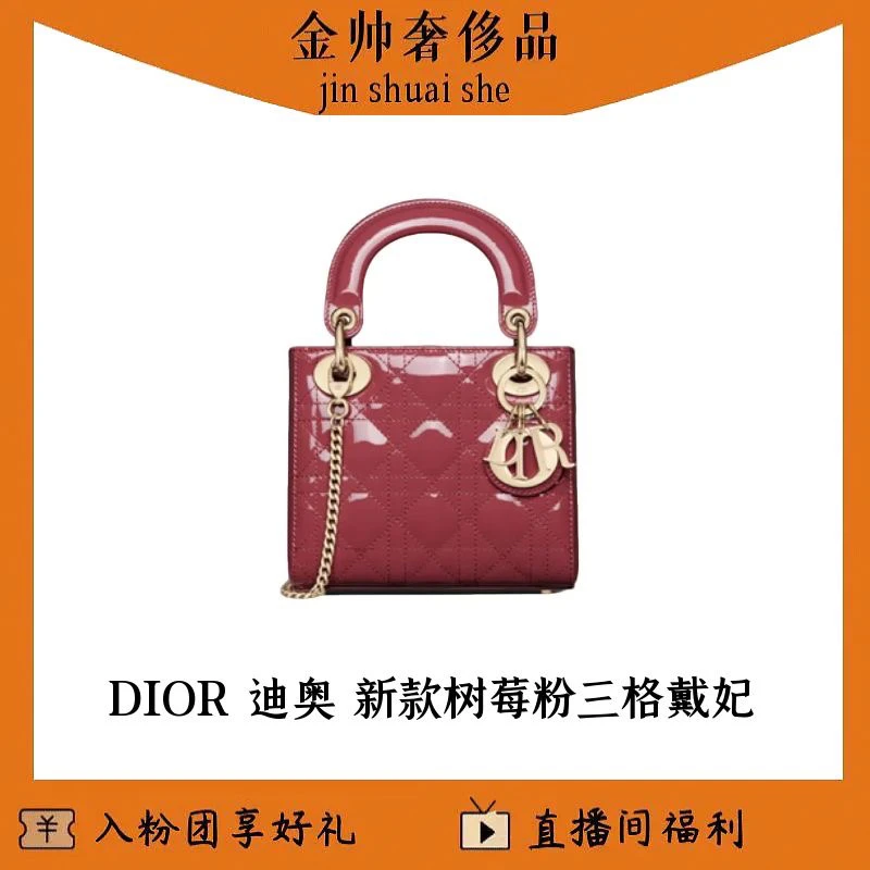 99新 DIOR/迪奥 树莓粉/新款/三格戴妃/漆皮/手提包/B4839