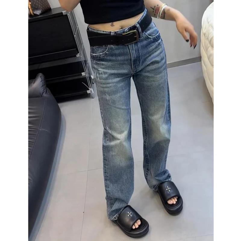 2025年夏季新款大码窄版直筒牛仔裤女小个子穿搭高腰显瘦阔腿长裤