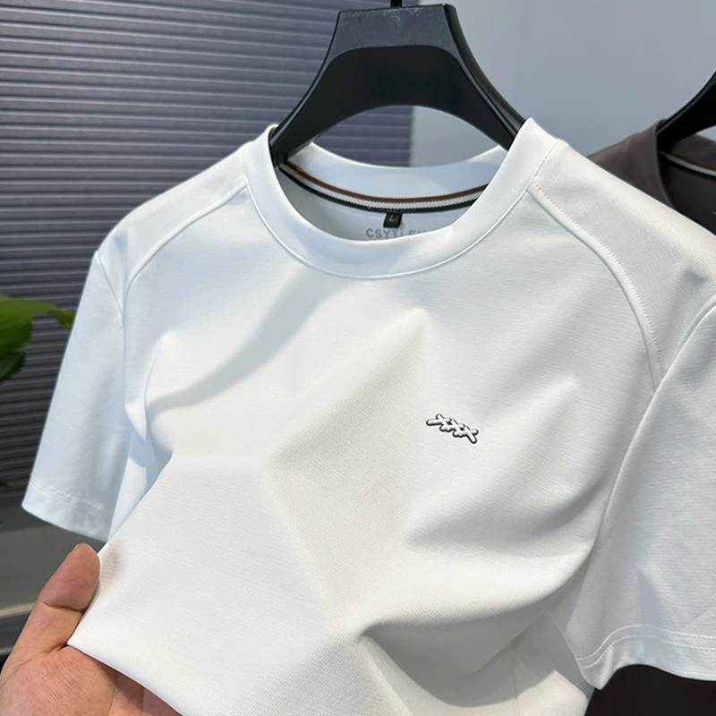 VIATEMSIARY高品质丝光棉男士短袖t恤宽松休闲圆领烫印纯色上衣夏