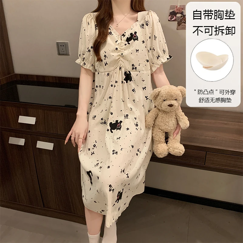 带胸垫睡裙女夏季长款云朵棉女睡衣夏天薄款甜美短袖宽松家居服装