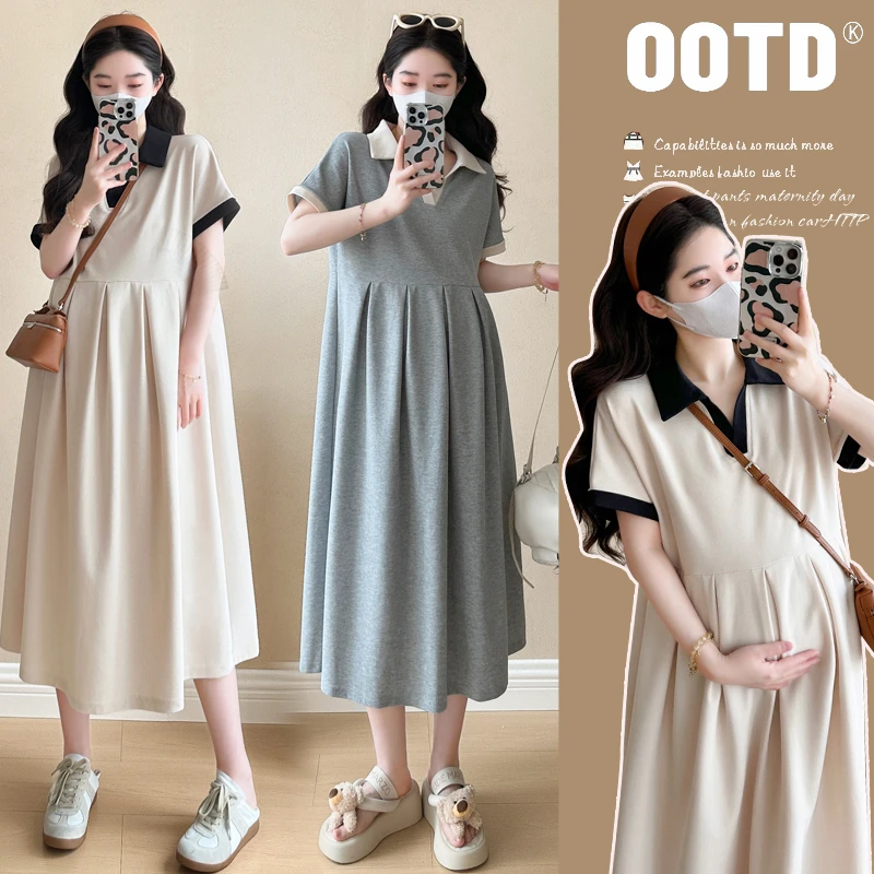 孕美孕妇短袖翻领连衣裙韩版时尚宽松大码孕妇裙中长款辣妈百褶裙
