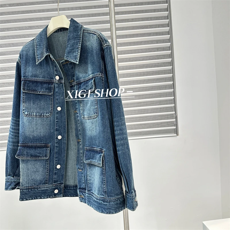 美式复古水洗口袋牛仔外套女春2025新款街头风中长款个性休闲上衣