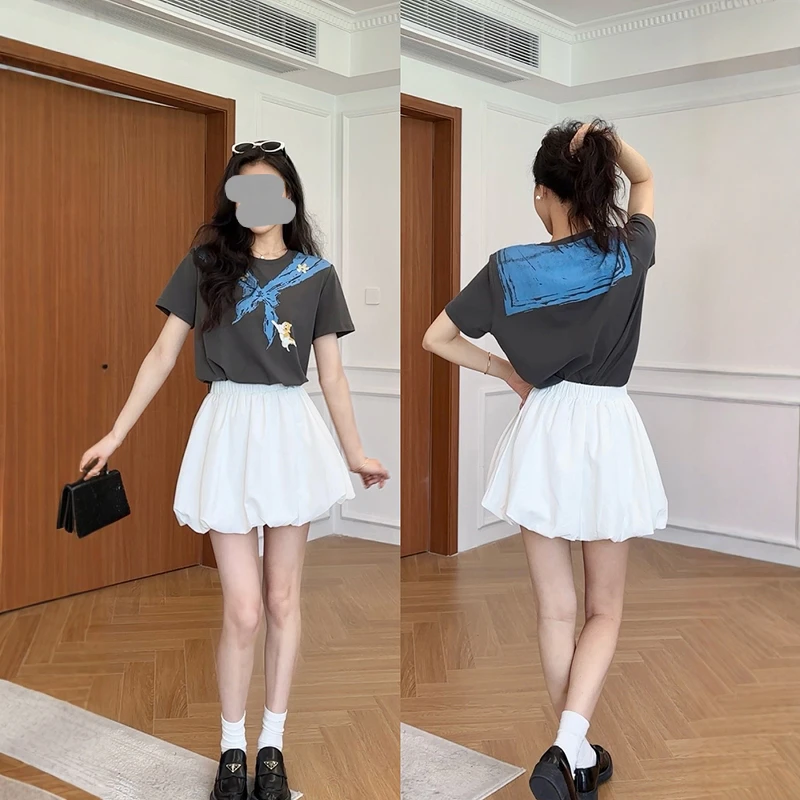 巨好看的夏装一整套装2025夏季领结印花短袖t恤花苞短裙裤两件套