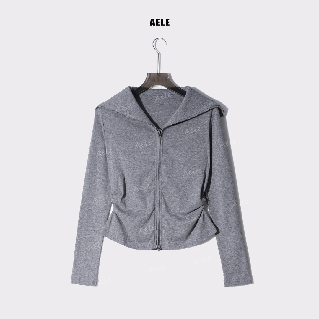 AELE双拉链显瘦翻领纯色捏褶上衣开衫外套 轻运动 W853 2272 AD