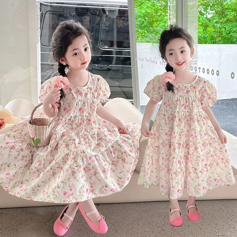 纯棉夏季女童娃娃款全棉碎花连衣裙玫瑰花油画泡泡袖肥法式宽松