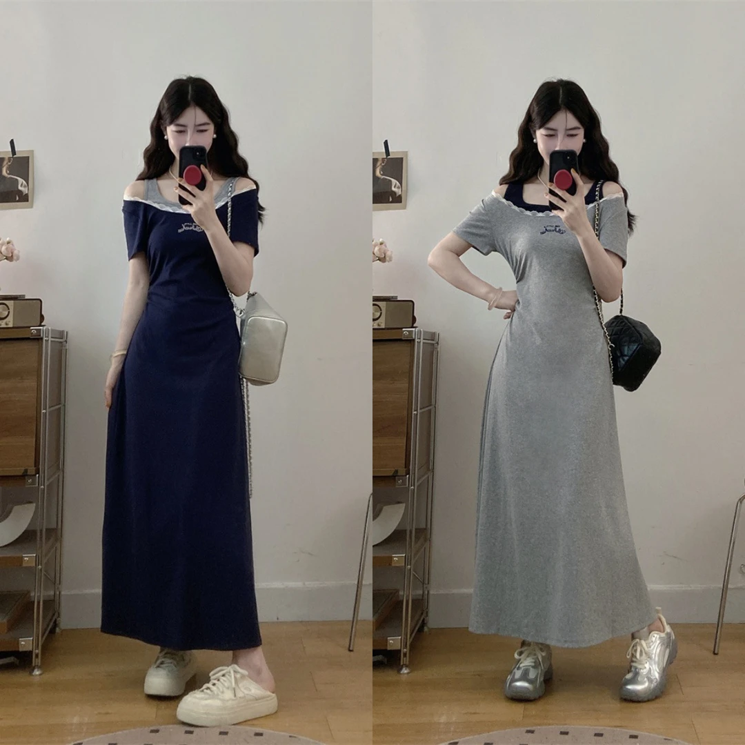 大码夏季新款法式复古风胖MM修身显瘦气质假两件拼接设计感连衣裙