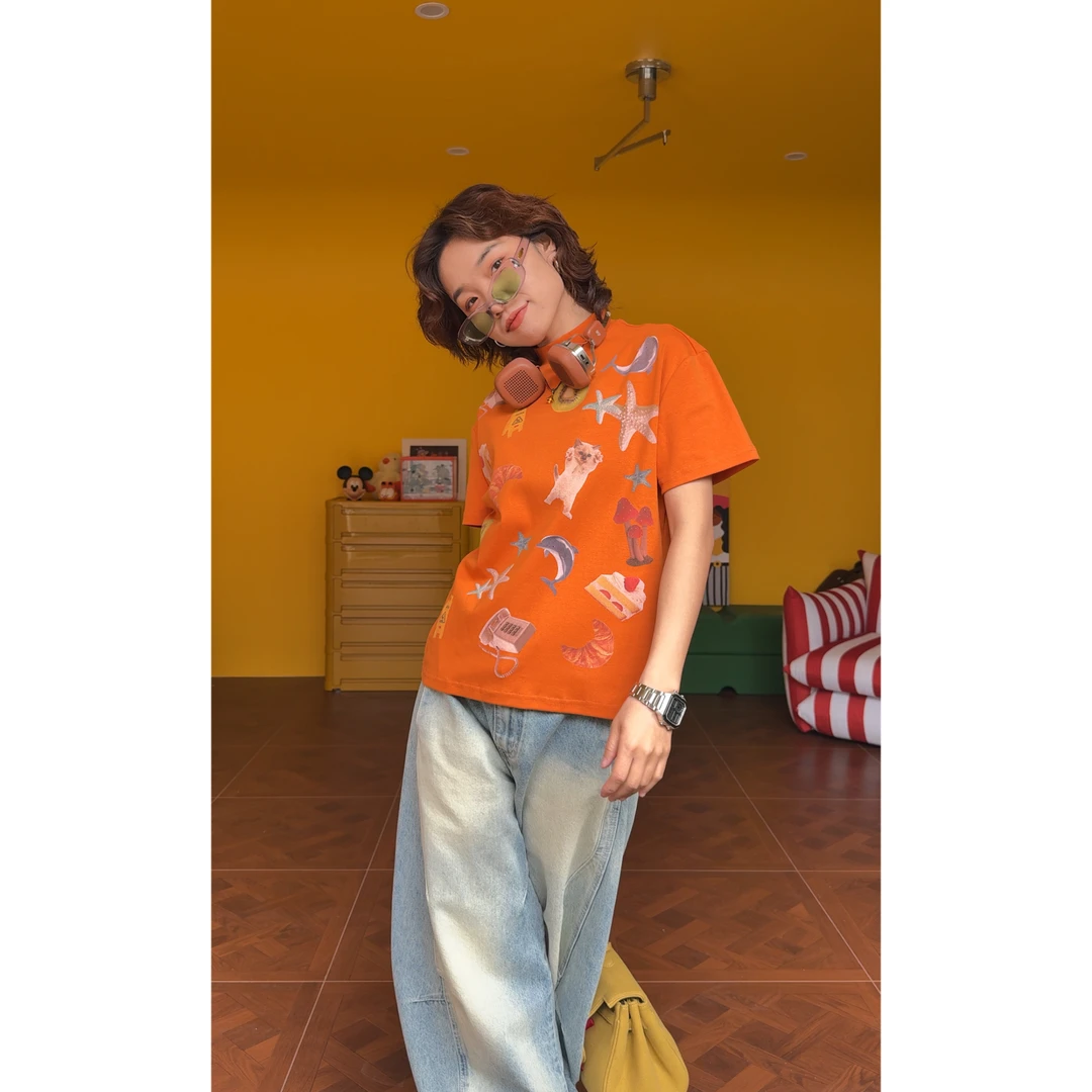 （夏天的味道）美式复古小众设计撞色半高领正肩显瘦初恋的T恤