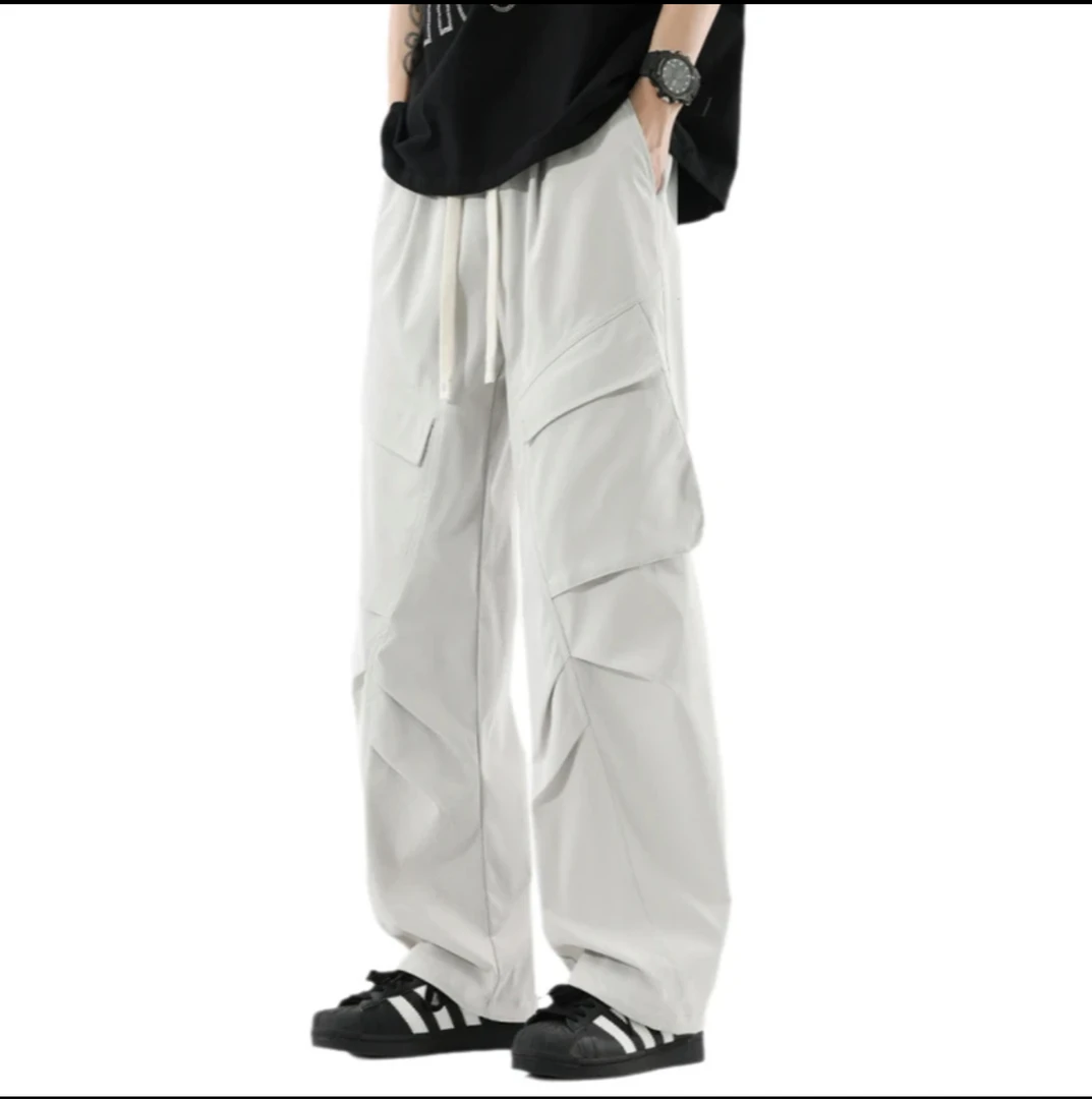 【工装裤】孤品定制夏季褶皱轻薄透气男生简约宽松直筒伞兵休闲裤