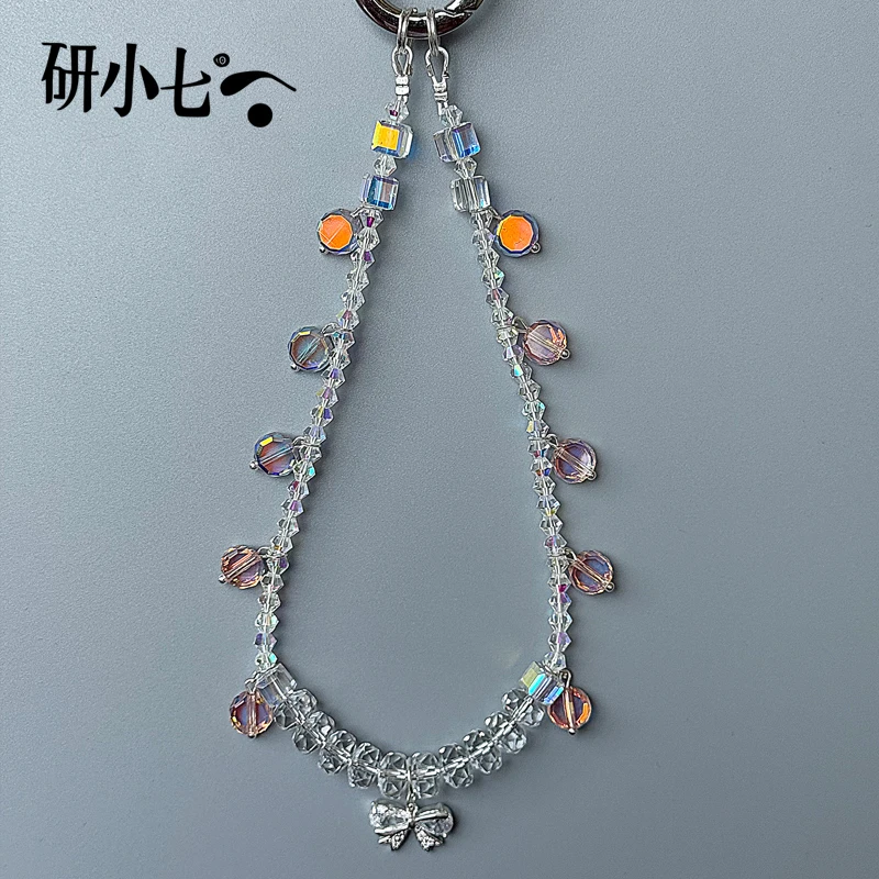 研小七手机水晶挂件串珠手机链饰手工蝴蝶结挂饰防丢防摔绳饰B079