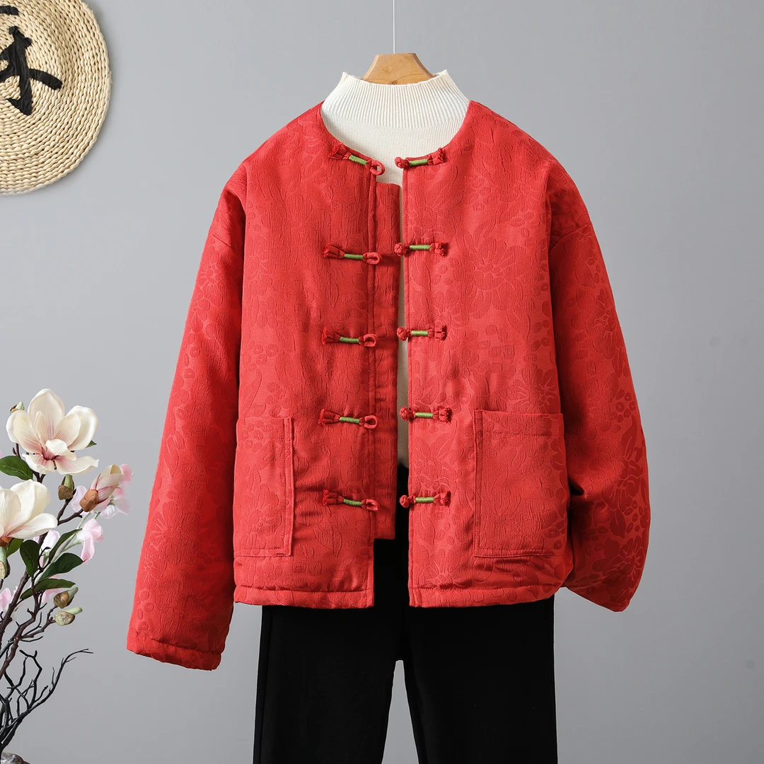 新中式复古盘扣提花棉服女冬季喜庆过年夹棉加厚圆领棉衣短款外套