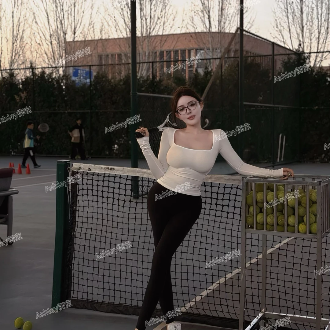 Ashley原创显瘦方领长袖薄款修身百搭(带胸垫)