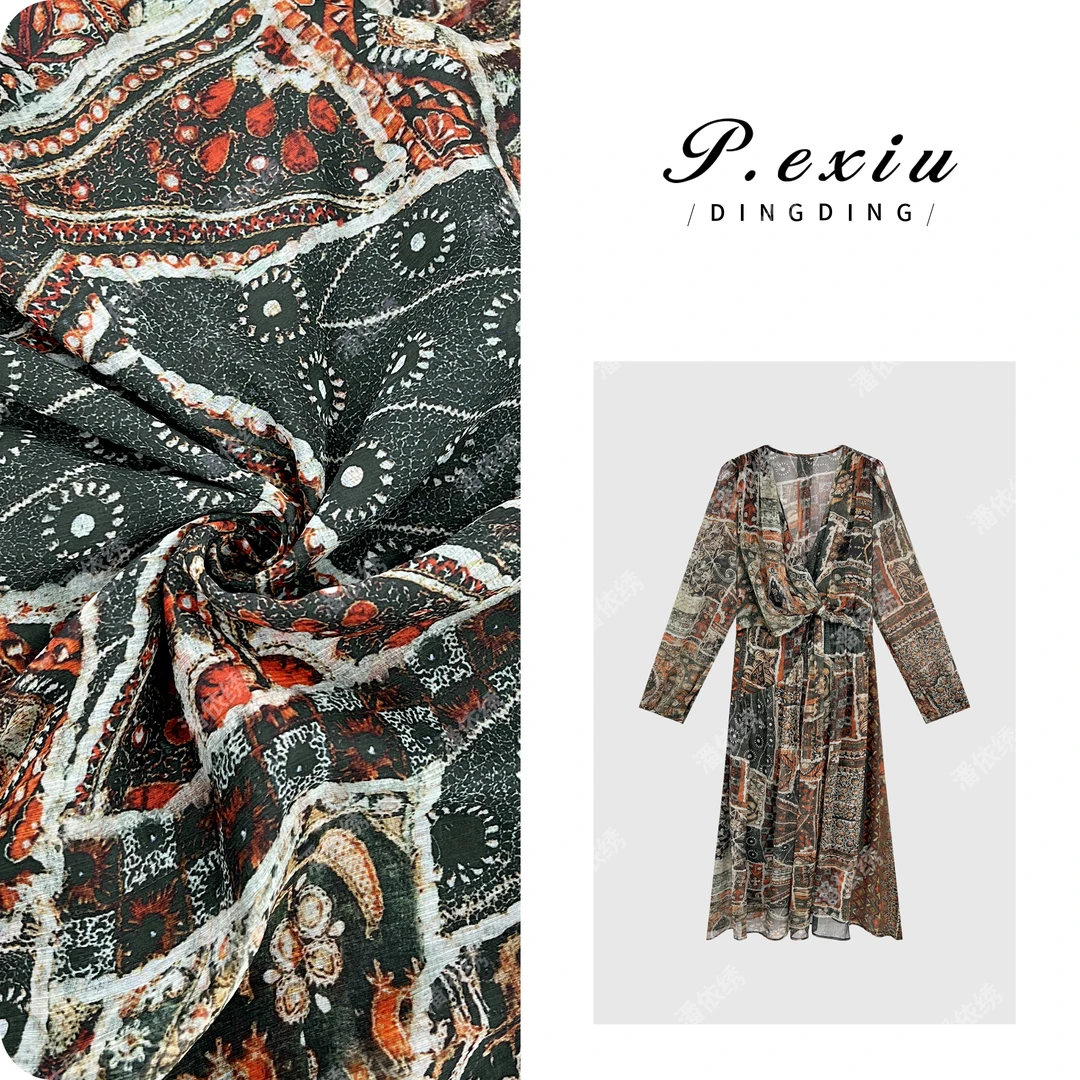 【绚烂夏花】度假风复古印花V领长袖连衣裙 W-62915