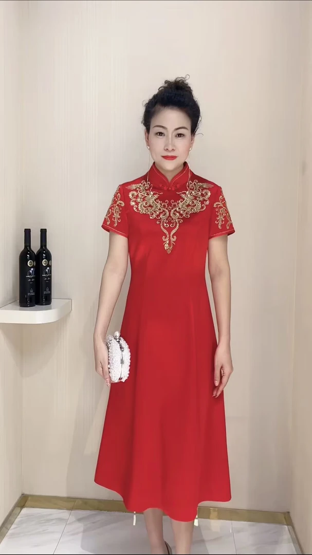 16652红色A摆旗袍裙子裙中式中国风