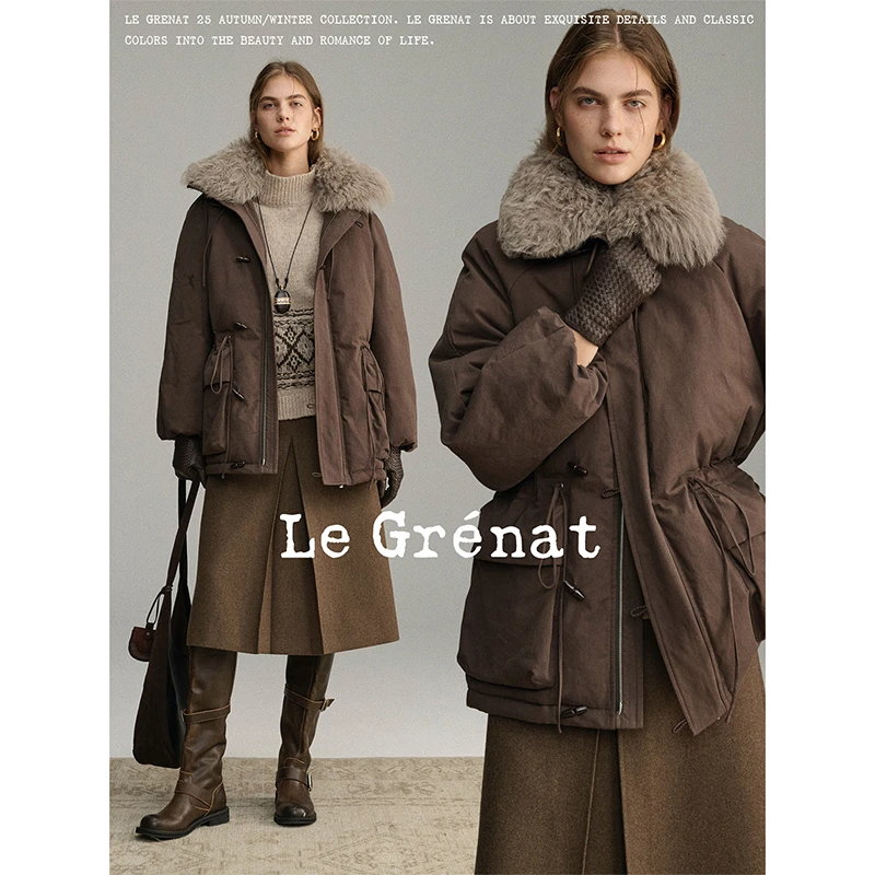 LE GRENAT冬季老钱风白鸭绒可拆卸羊毛毛领中长款90白鸭绒派克服