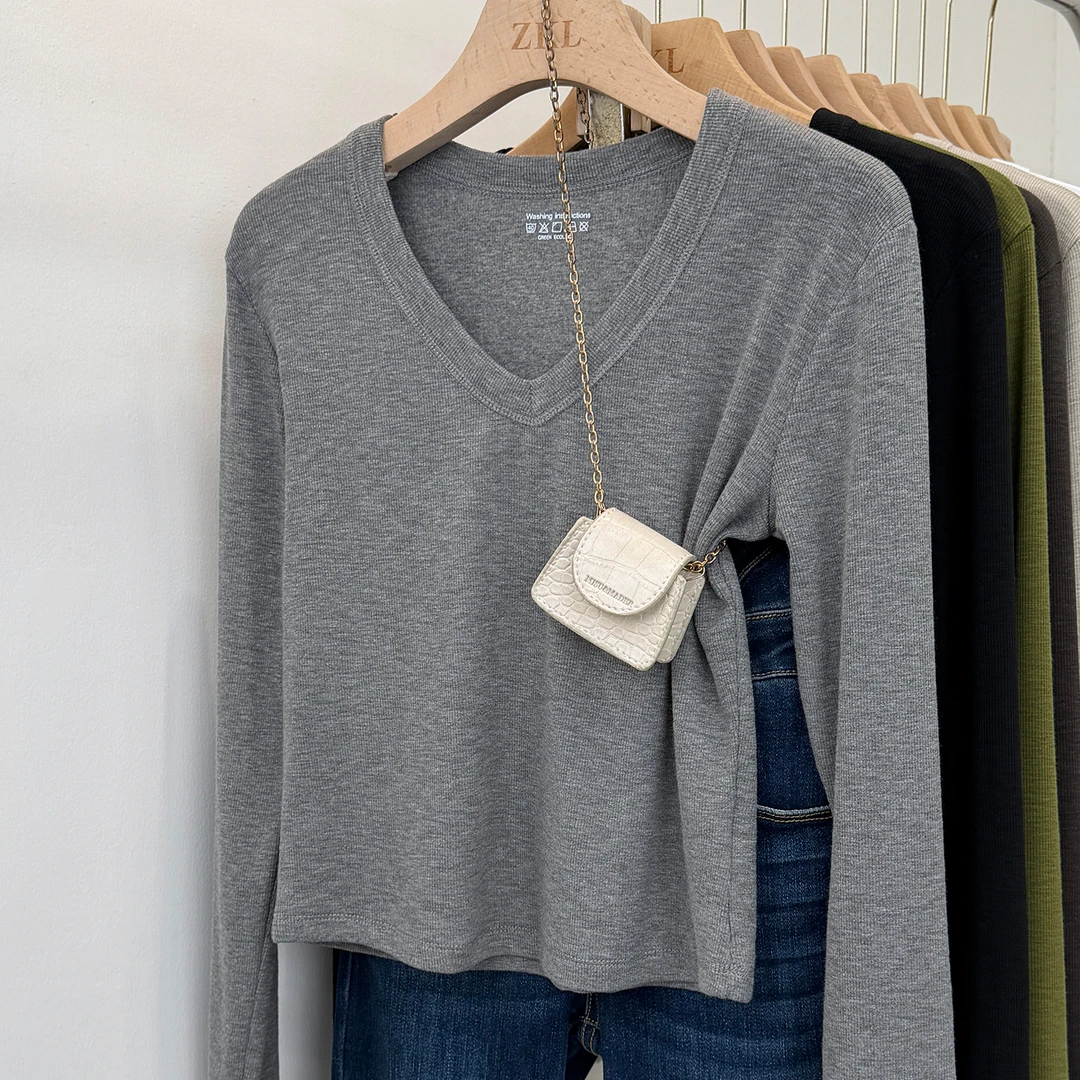 小个子V领打底衫女雪花棉简约T恤薄绒短款弹力上衣内搭可外穿内搭