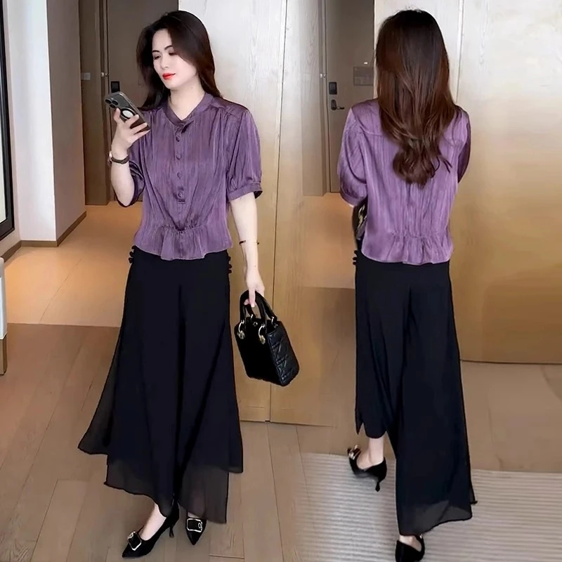 时尚洋气套装女2025夏季新款宽松遮肚子显瘦雪纺衫阔腿裤裙两件套